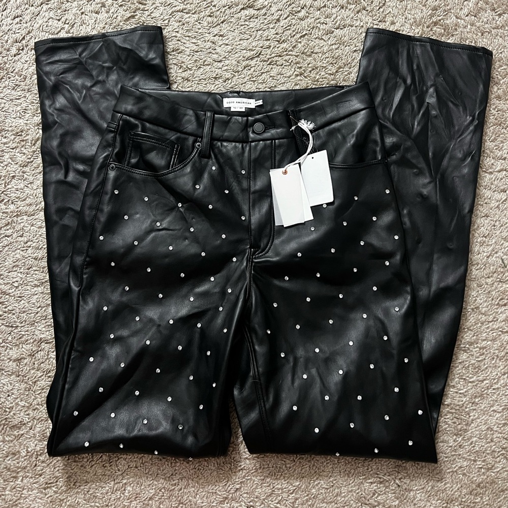 NWT Good Icon Crystal Embellished Faux Leather Straight Leg Pants